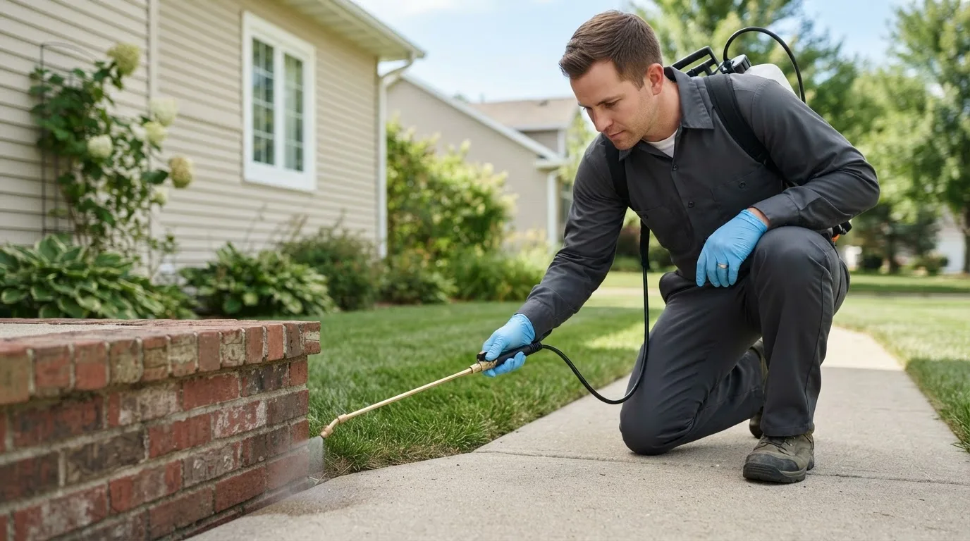 Pest control technician treating a home near Danville, IA