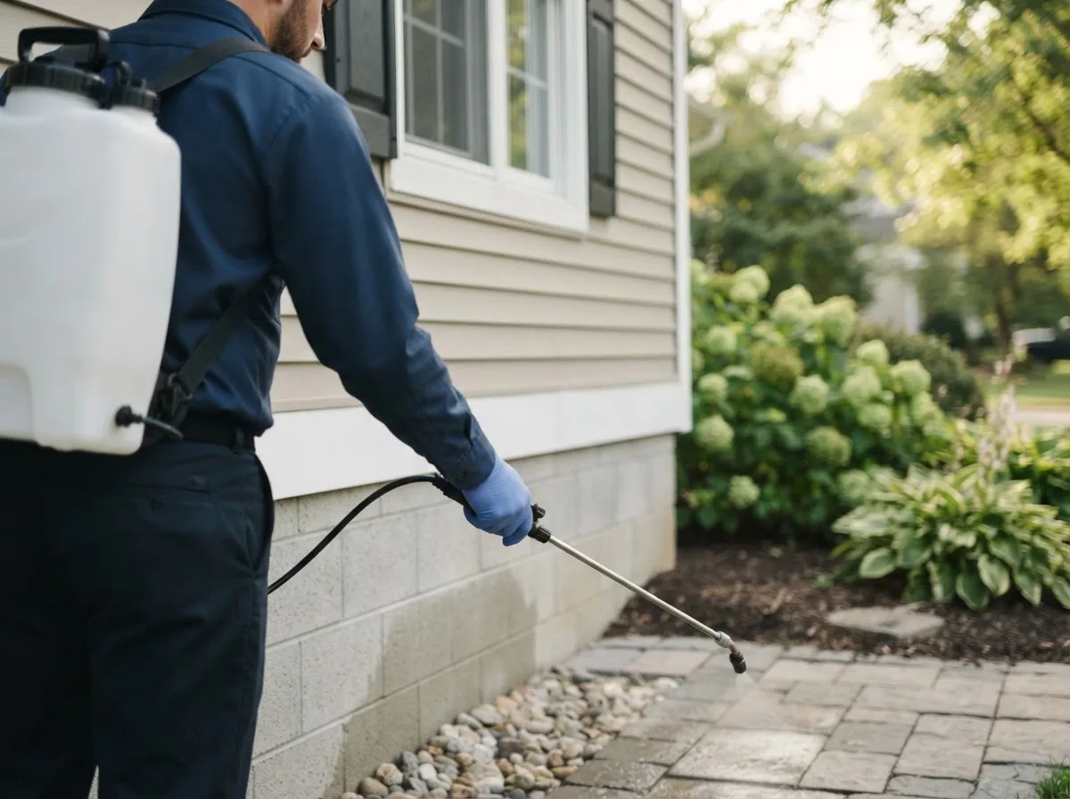 Pest control technician inspecting a home in Danville, IA